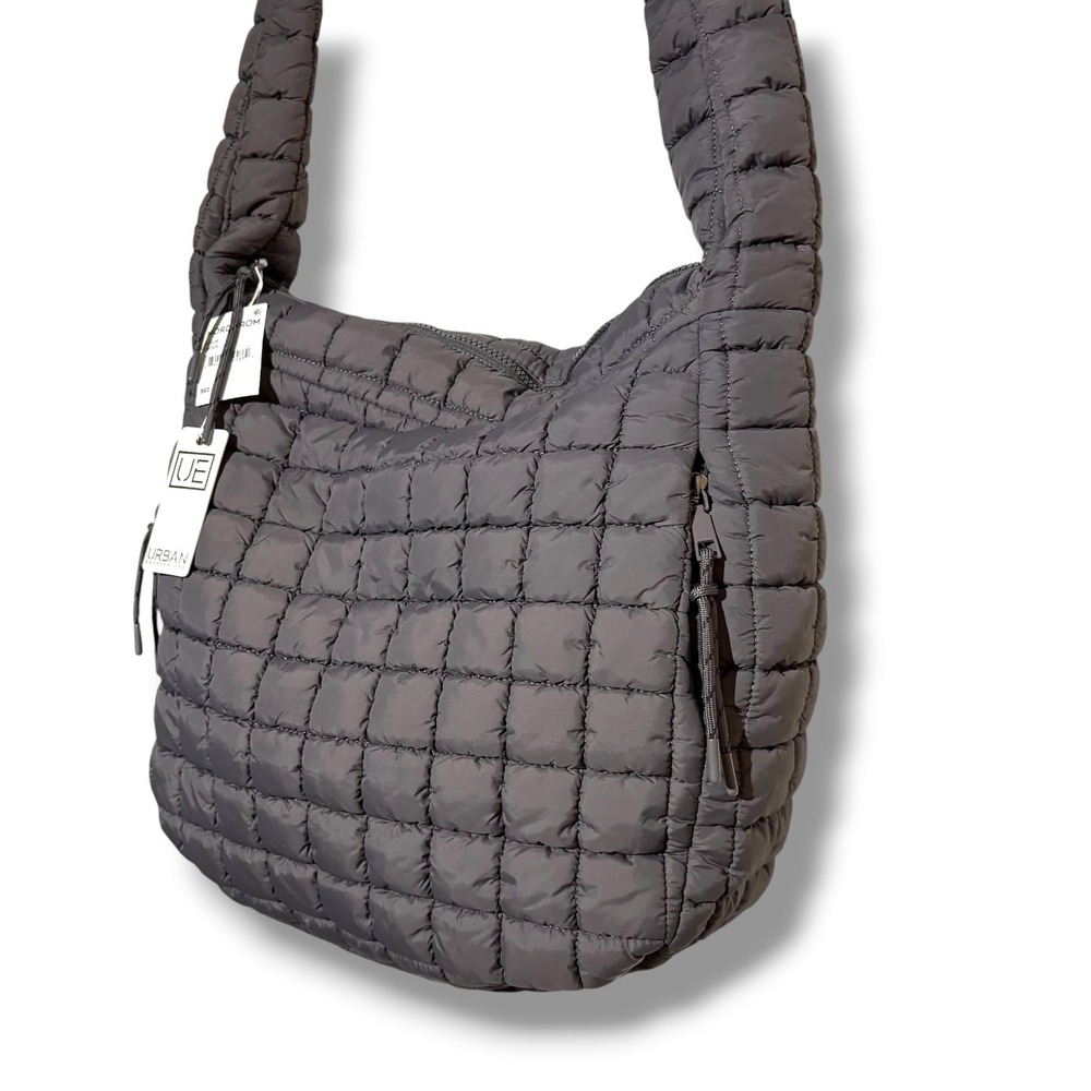 Urban Expressions Quilted Puffer Hobo Bag Charcoal Gray Square Grid Slouchy NEW - Picture 2 of 6